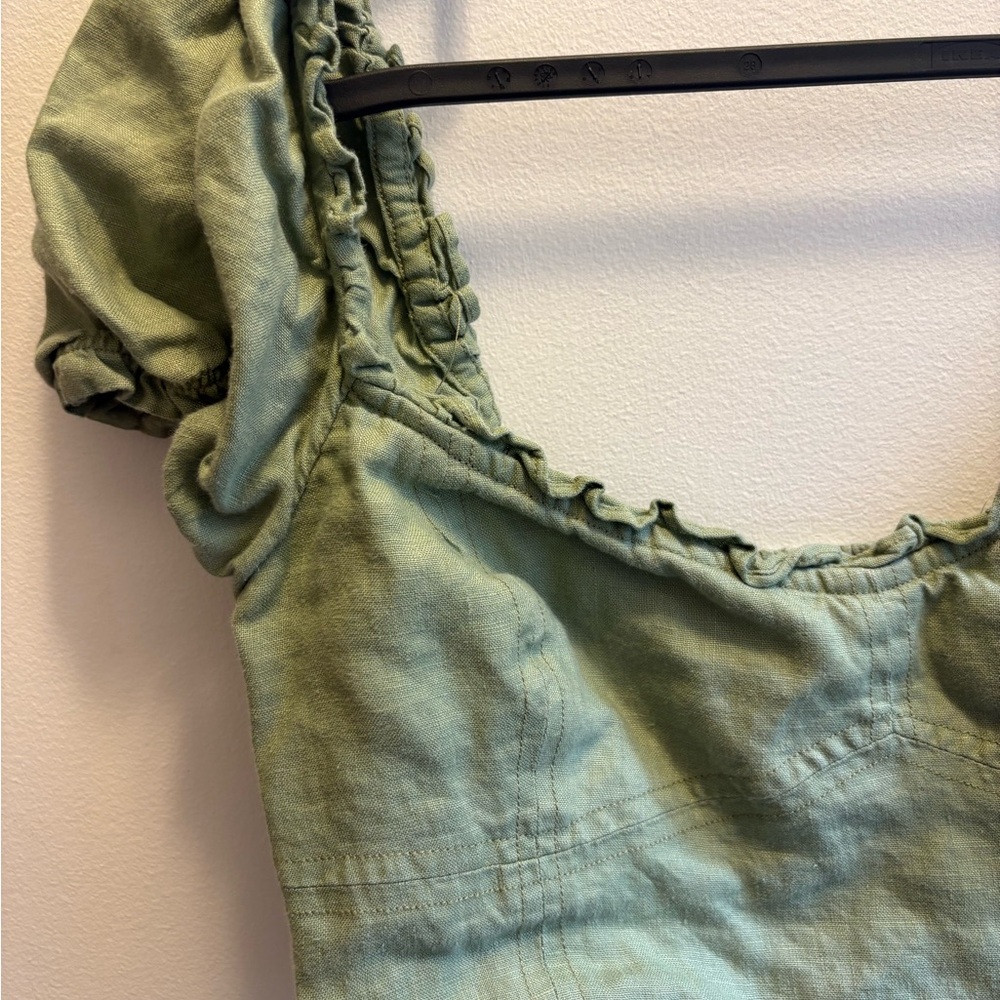 Wilfred Wander Linen Bustier Sweetheart Puff Sleeve Cropped Blouse